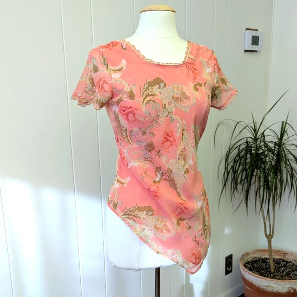 Vintage pink asymmetrical handkerchief flowy floral boho top size M